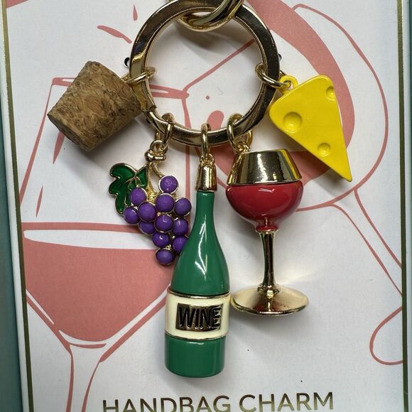 True To Form Enamel Wine Cheese Grapes Glass Key Chain Fob Handbag Charm New - Picture 3 of 5
